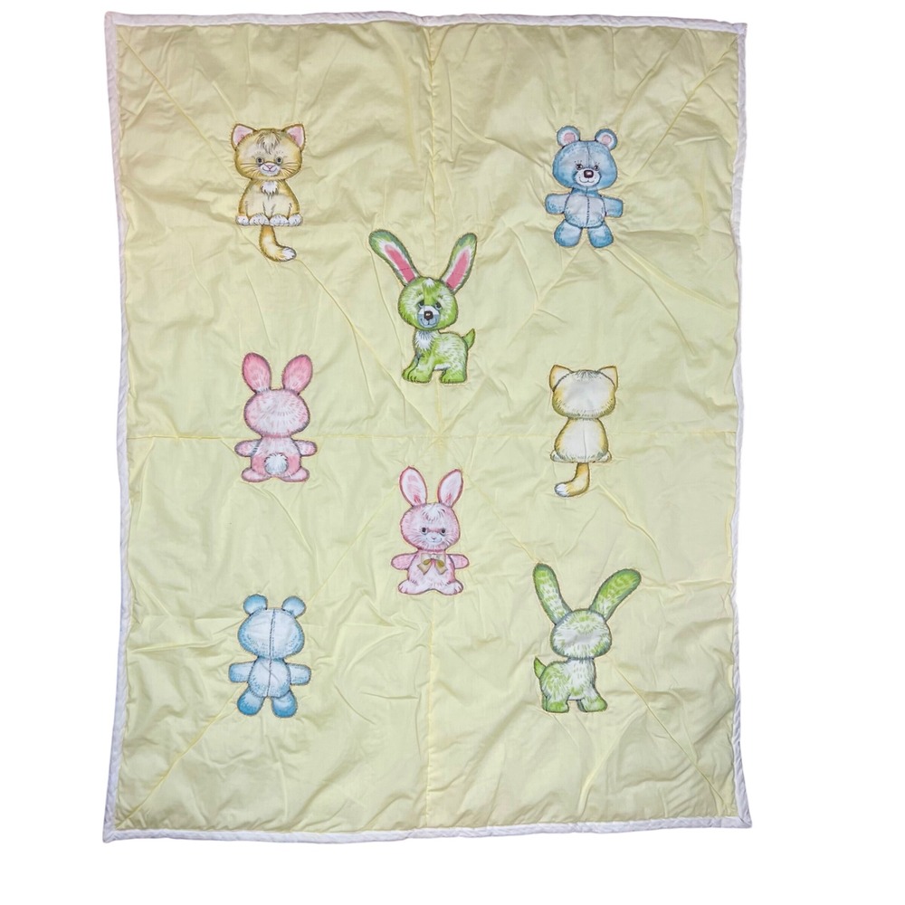 Vintage Handmade Baby Blanket Quilt Yellow Stuffed Animal Applique 53x41‎